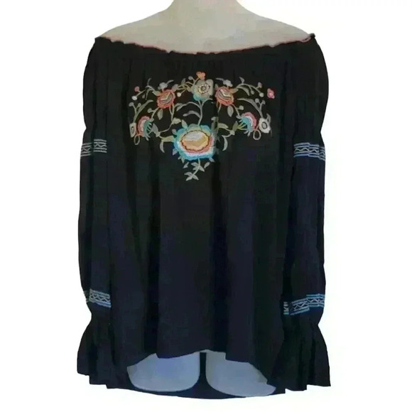 Melissa Paige Floral Embroidered Blouse Boho Black Peasant Size Petite Medium - Picture 1 of 11